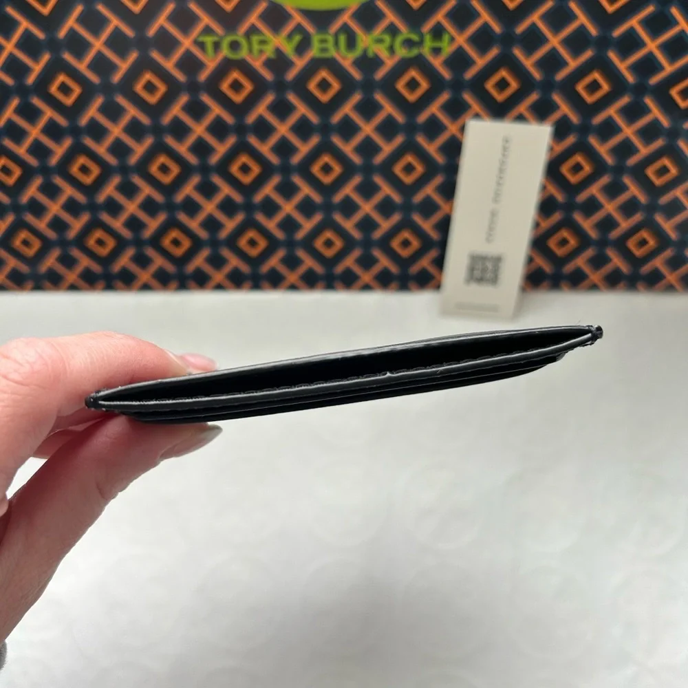 Tory Burch Emerson Printed Slim Card Case Black Tossed Bow Silver Black White